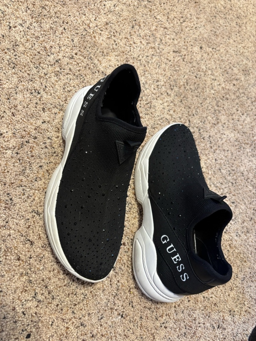 Guess Black Slip-On Knit Sneakers with White Sole and Rhinestone Accent